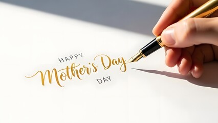 Hand writing happy mother's day with a gold pen on paper