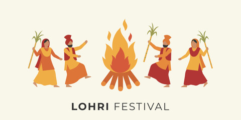 Flat vector illustration of people celebrating the Lohri festival, dancing around bonfire