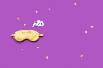 Sleeping mask and speech bubble with text ZZZ on purple background. World Sleep Day