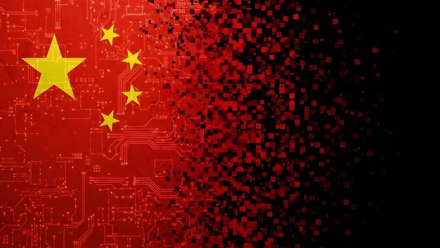 Chinese flag with a red and black pixelated design on a digital background - Powered by Adobe