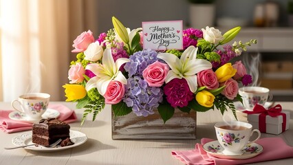 Vibrant flower arrangement on a table with tea and cake