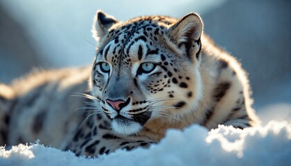 Snow leopard rests on white snow, its patterned fur blending with winter landscape. Big cat has striking blue eyes and gentle, calm expression in bright sunlight. This wild predator looks peaceful.
