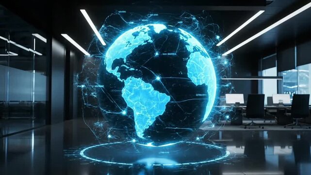 Dynamic digital Earth hologram displaying a futuristic global network, symbolizing interconnected data, advanced technology, and worldwide communication in a modern office environment
