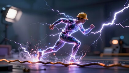 Dynamic Electric Runner in Construction Gear with Energy Sparks and Lightning Effects