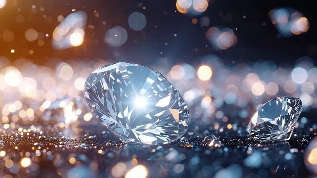 Sparkling gems glisten on a dark surface with bokeh lights, creating a luxurious feel.