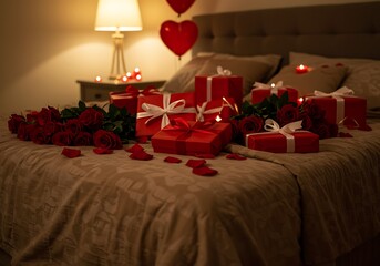 romantic bedroom with red roses and gifts on bed