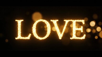 A brilliant, sparkling golden rendition of the word "LOVE," illuminated by shimmering particles against a dark, bokeh-filled background, perfect for romantic and celebratory designs