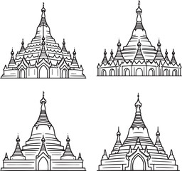 Set of Myanmar heritage Outline vector illustration isolated On Transparent Background