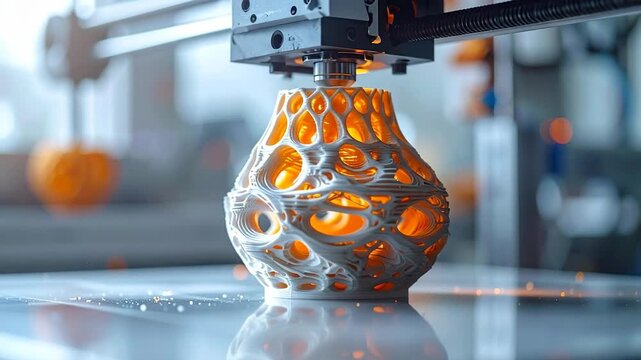 Close-up of 3D printer creating a unique, hollow, organic-looking vase.