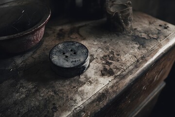 Vintage round tin container with holes sits on a weathered wooden table, surrounded by rustic kitchen items, evoking a sense of nostalgia and timeless charm