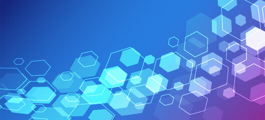 Modern abstract technology background featuring layered hexagonal shapes in blue and purple gradient tones. Futuristic geometric design