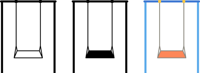 Minimalist playground swing vector icon set in outline and flat color styles. Suitable for park, playground, childhood, recreation, education, and outdoor design projects.