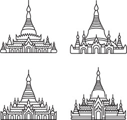 Set of Myanmar heritage Outline vector illustration isolated On Transparent Background