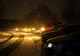 Snowy Night Traffic on Highway