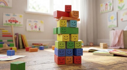 Colorful Stacked Wooden Blocks with Smiley Faces in a Bright Playroom for Children