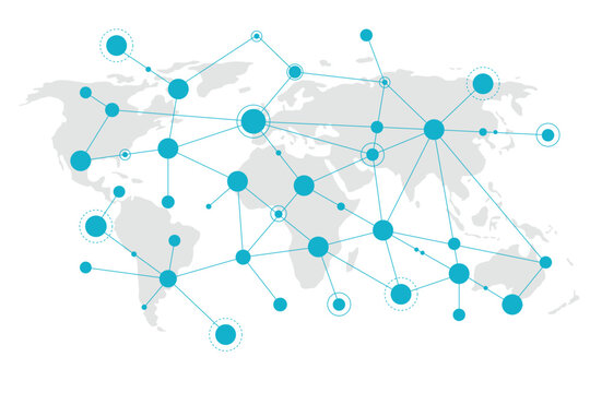 Global transportation and supply chain management, Abstract concept with a world map as background and interconnected icons.