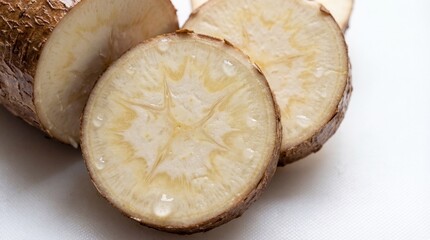 Freshly Cut Slices of Yam Showing Intricate Patterns and Textures on a White Cutting Board