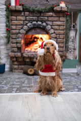 Cocker spaniel dog sitting obediently on the floor, wearing a santa hat and red costume, celebrating christmas in a cozy home environment with a warm, decorated fireplace in the background