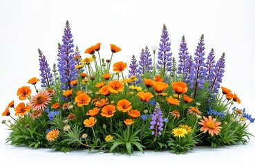 Mixed summer flowers bloom in vibrant orange, purple, and yellow hues. Orange poppies, purple lupine, and coneflowers create a colorful garden display. Green foliage provides lush contrast.