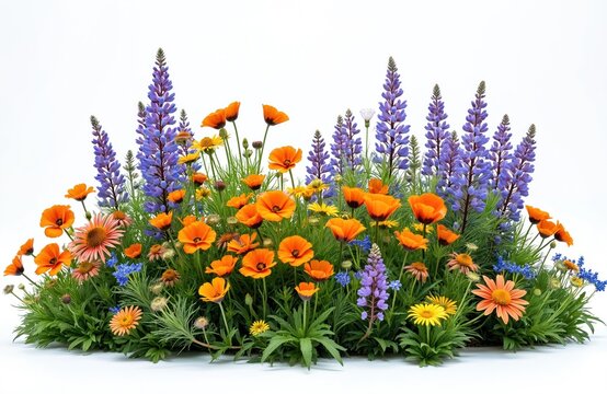 Mixed summer flowers bloom in vibrant orange, purple, and yellow hues. Orange poppies, purple lupine, and coneflowers create a colorful garden display. Green foliage provides lush contrast. - Powered by Adobe