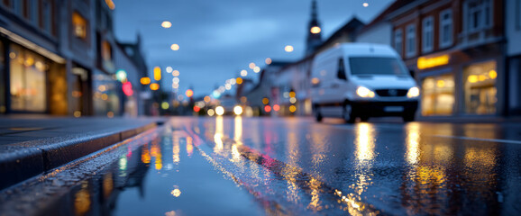 Fototapeta premium Wet urban street scene at dusk with reflections of city lights and a white van driving through a small town road