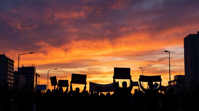 Silhouettes of Protesters Holding Signs Against a Colorful Sunset Sky in an Urban Setting