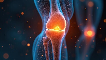 Human knee joint glowing with internal warmth and digital network overlay shows bone structure and cartilage. Futuristic medical concept for biomechanics and joint health.
