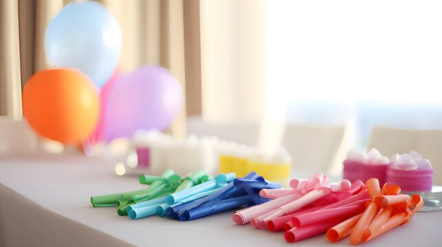 libertarian. Colorful party blowers and balloons on a table, festive celebration with soft lighting. lifestyle magazines.