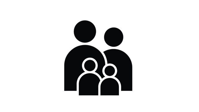 A simple black and white icon depicts a family of four showcasing a mother father and two children