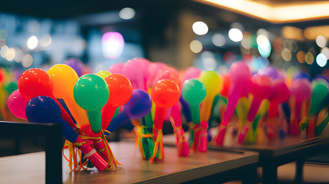 libertarian. Colorful party blowers and balloons on a table, festive celebration with soft lighting. lifestyle magazines.