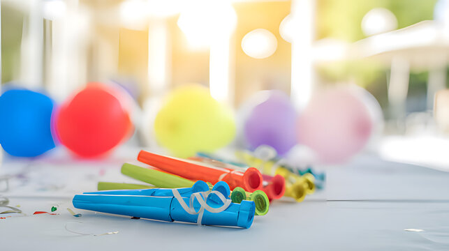 libertarian. Colorful party blowers and balloons on a table, festive celebration with soft lighting. lifestyle magazines.
