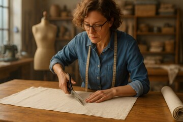 Woman tailor wearing glasses and denim shirt cutting fabric with scissors on a wooden table in her workshop, making clothing