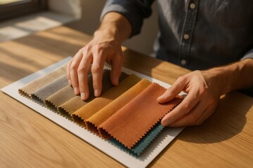 Designer hands examining various colorful fabric samples on a wooden table, choosing material for home decor