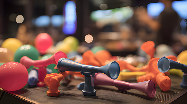 libertarian. Colorful party blowers and balloons on a table, festive celebration with soft lighting. lifestyle magazines.