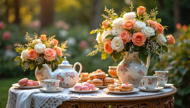 Table set for elegant garden tea party with roses, pastries, vintage tea ware. Refreshments served outdoors in green foliage. Afternoon gathering with sweet treats, floral decor. Serene nature