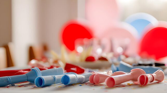 libertarian. Colorful party blowers and balloons on a table, festive celebration with soft lighting. lifestyle magazines.