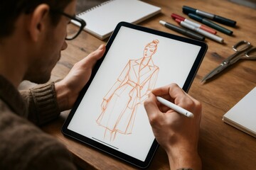 Person using stylus and tablet for digital fashion design, creating a coat illustration. Modern creative process and technology