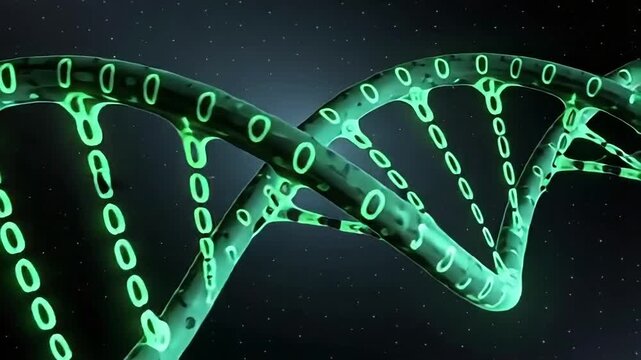 DNA Double Helix with Green Binary Code in Space Background