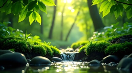 Tranquil stream flowing through a lush green forest, illuminated by bright sunbeams and natural bokeh effect on the water.