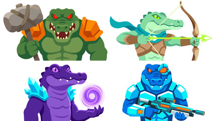 Naklejka premium Crocodile RPG Character Collection – Tank, Archer, Mage and Soldier