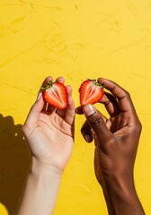 two hands holding halves of strawberries against yellow background