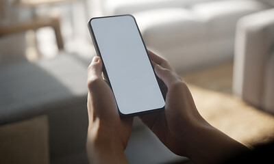 Close-up of hands holding a modern smartphone with a blank screen in a bright, softly lit room