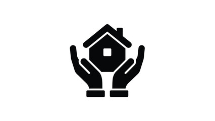 A simple black icon depicts a house safely cradled within two protective hands symbolizing home security