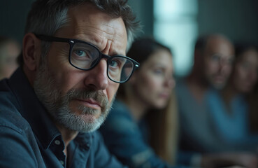Mature man with glasses sits in group meeting. People listen intently in a circle. Discussing problems facing community mental health and addiction recovery.