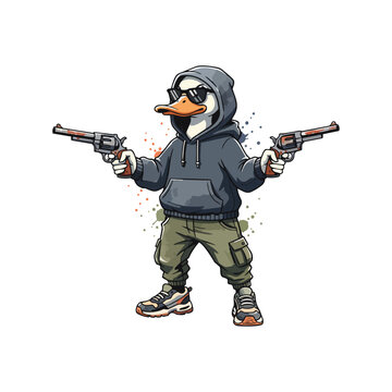Street duck with pistols &ndash; cartoon vector character illustration