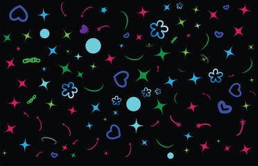 A vibrant black background adorned with colorful stars hearts and floral shapes