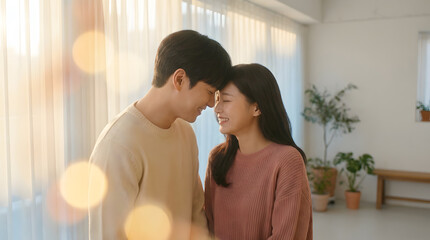 A couple share a warm, intimate moment, smiling as they lean close and hold hands with soft lights and a neutral background. This image symbolizes connection, emotion, and togetherness.