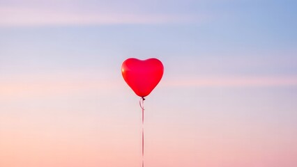 Single bright red heart shaped balloon floating high in soft pastel sky at sunset