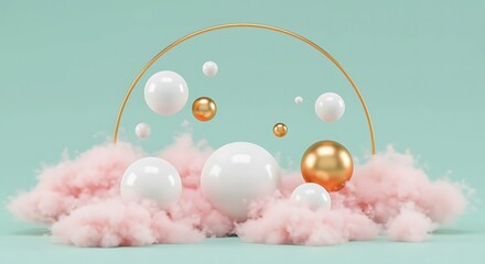 Abstract Composition of Floating Spheres and Pink Clouds with Gold Arch 12.17 image