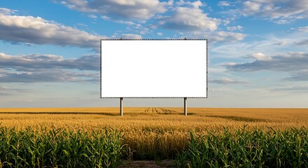 Blank White Billboard in a Golden Wheat Field Under a Blue Sky with Clouds Keywords: billboard, advertisement, advertising, blank, white, space, copy